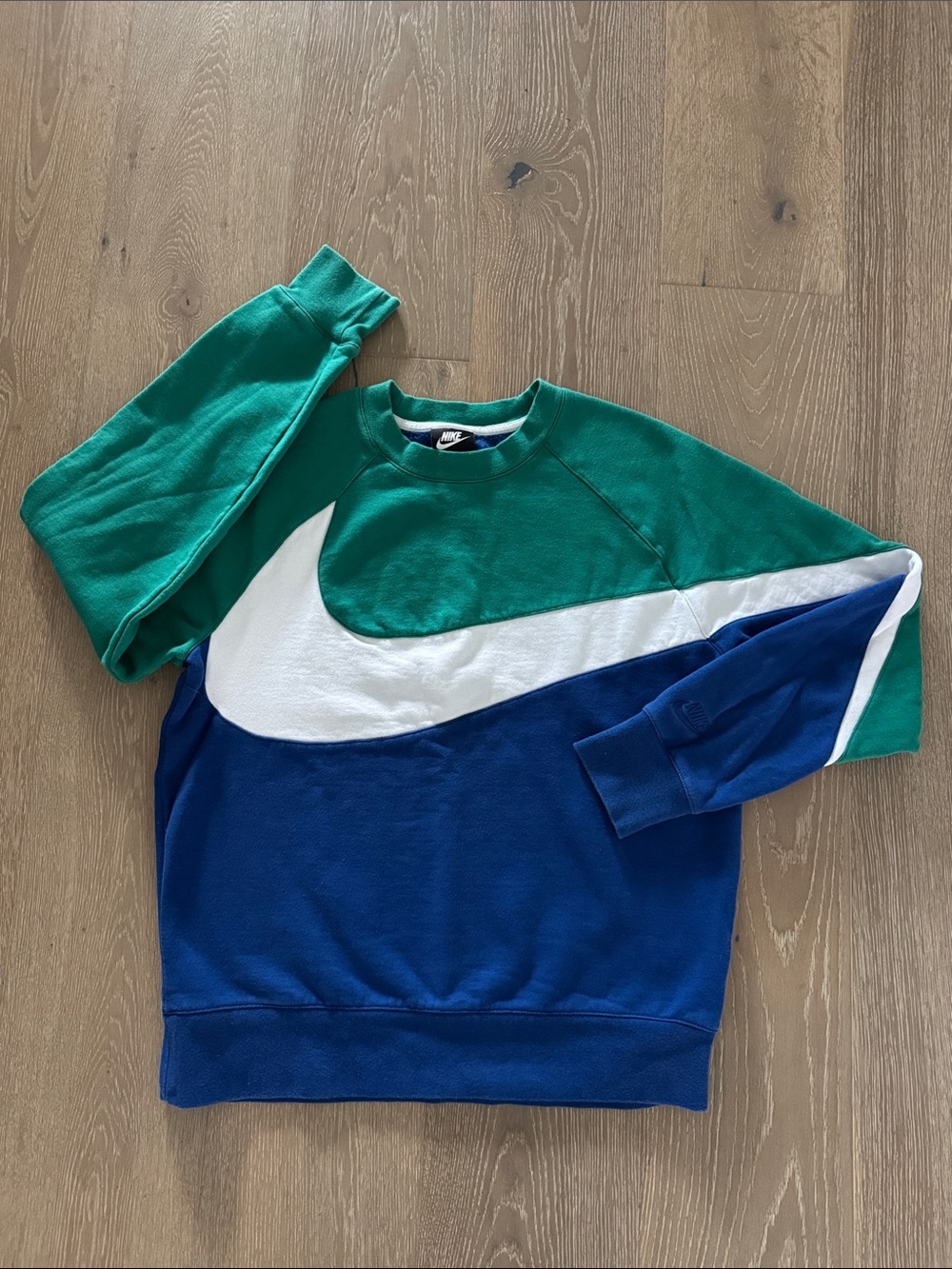 Vintage Nike Green, Blue & White Colorblock Swoosh Sweatshirt - Picture 2 of 5
